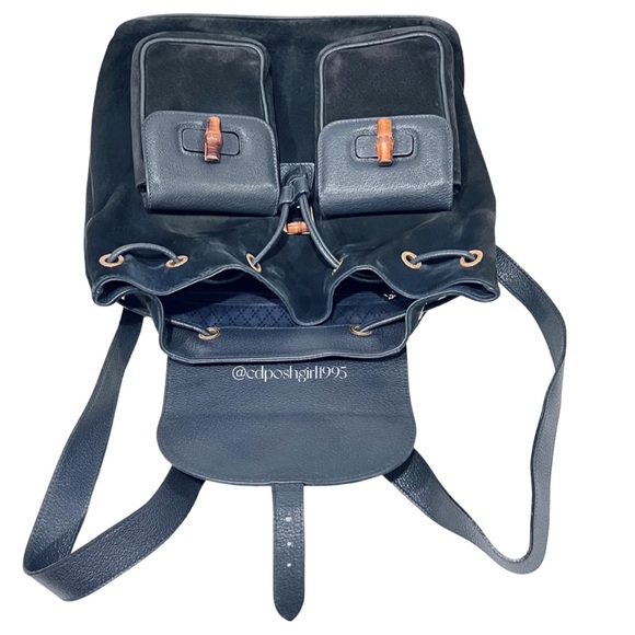 GUCCI by Tom Ford navy blue top Bamboo handle backpack suede Nubuck vintage 90s - Picture 5 of 16